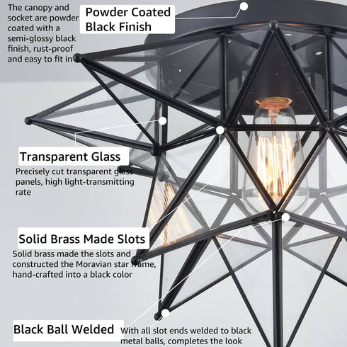 Moravian Star Flush Mount Ceiling Light, 18-In, Black, Transparent