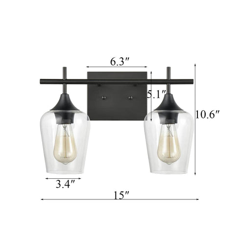 2-Light Bathroom Vanity Lighting Clear Glass Wall Sconces Matte Black