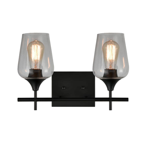 2-Light Bathroom Vanity Lighting Clear Glass Wall Sconces Matte Black