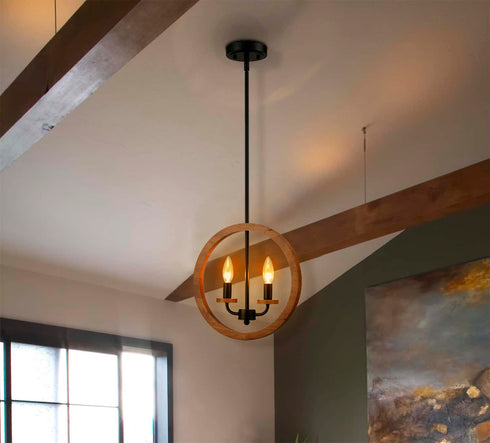 2-Light Farmhouse Chandelier Globe Wood Pendant Light