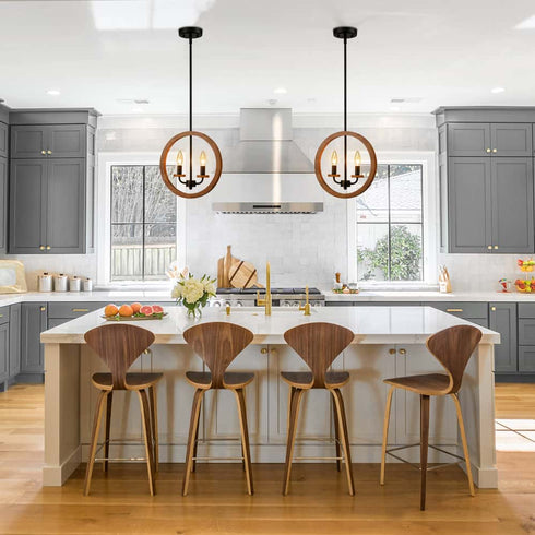 2-Light Farmhouse Chandelier Globe Wood Pendant Light