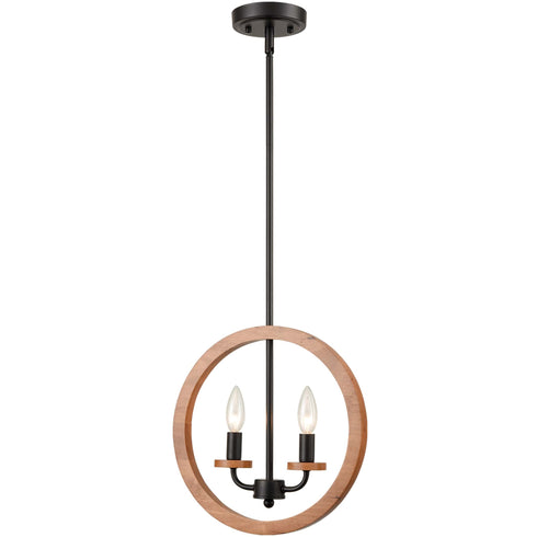 2-Light Farmhouse Chandelier Globe Wood Pendant Light