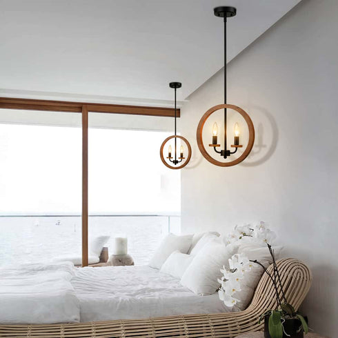 2-Light Farmhouse Chandelier Globe Wood Pendant Light