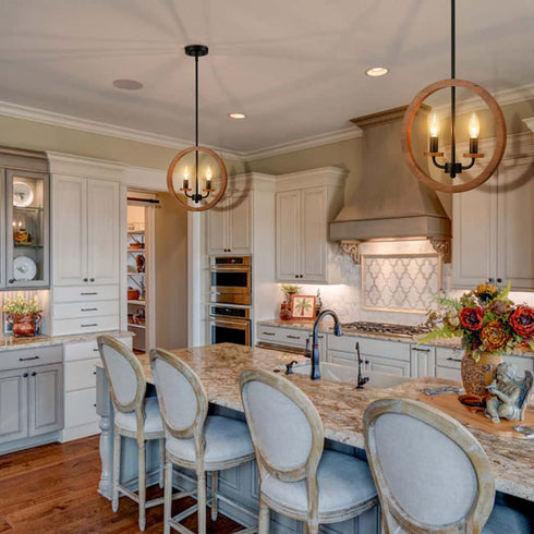 2-Light Farmhouse Chandelier Globe Wood Pendant Light