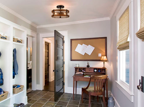 2-Light Farmhouse Wood Grain Paint with Black Metal Semi Flush Mount Ceiling Light with Seeded Glass