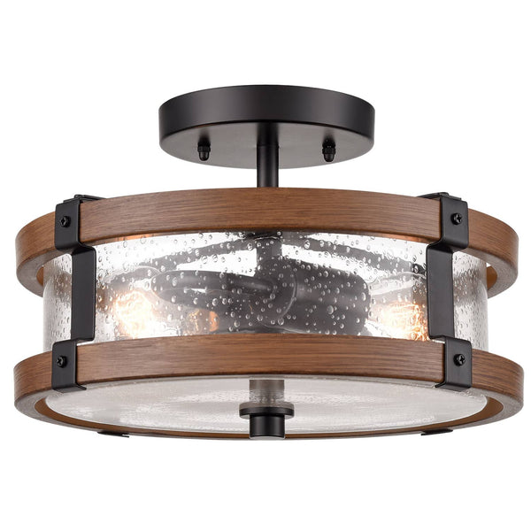2-Light Farmhouse Wood Grain Paint with Black Metal Semi Flush Mount Ceiling Light with Seeded Glass