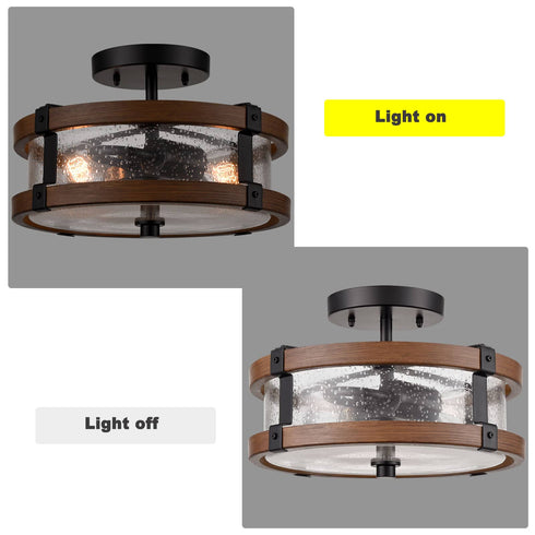 2-Light Farmhouse Wood Grain Paint with Black Metal Semi Flush Mount Ceiling Light with Seeded Glass