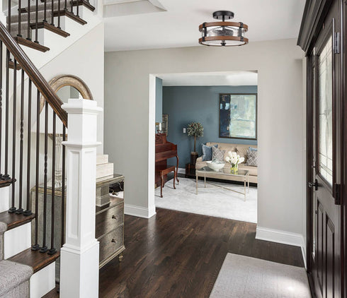 2-Light Farmhouse Wood Grain Paint with Black Metal Semi Flush Mount Ceiling Light with Seeded Glass