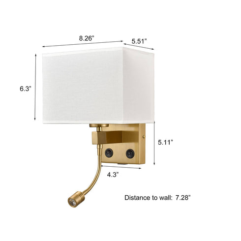2-Pack Brass Fabric Wall Lamp ,USB Charging Port + LED Reading Light