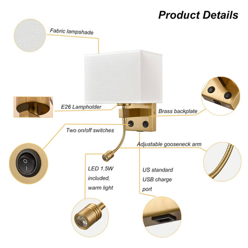 2-Pack Brass Fabric Wall Lamp ,USB Charging Port + LED Reading Light