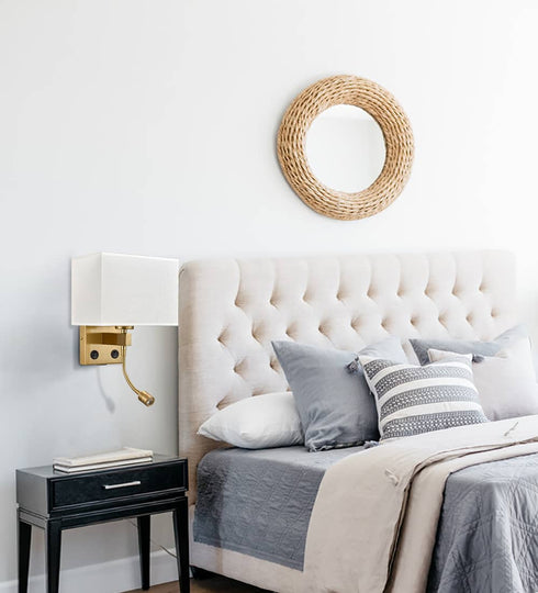 2-Pack Brass Fabric Wall Lamp ,USB Charging Port + LED Reading Light