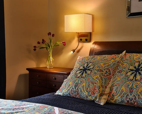 2-Pack Brass Fabric Wall Lamp ,USB Charging Port + LED Reading Light