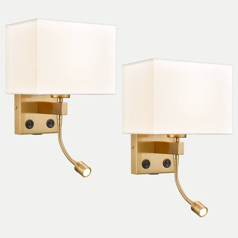 2-Pack Brass Fabric Wall Lamp ,USB Charging Port + LED Reading Light