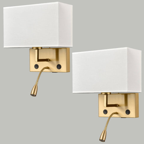 2-pack Modern Gold with white Fabric Wall Sconces with USB Charging Port|LED lighting|Twin on/off Switch for Bedroom