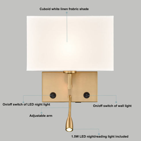 2-pack Modern Gold with white Fabric Wall Sconces with USB Charging Port|LED lighting|Twin on/off Switch for Bedroom