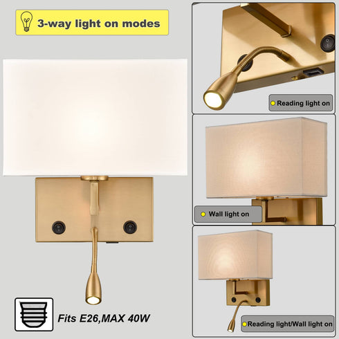 2-pack Modern Gold with white Fabric Wall Sconces with USB Charging Port|LED lighting|Twin on/off Switch for Bedroom