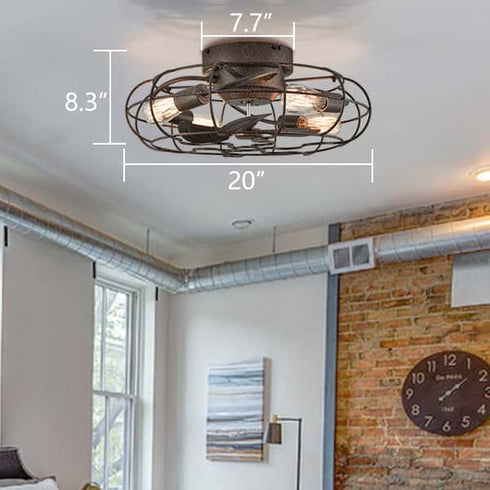 20 Inches Rust Caged Ceiling Fans with Lights Flush Mount Remote Control