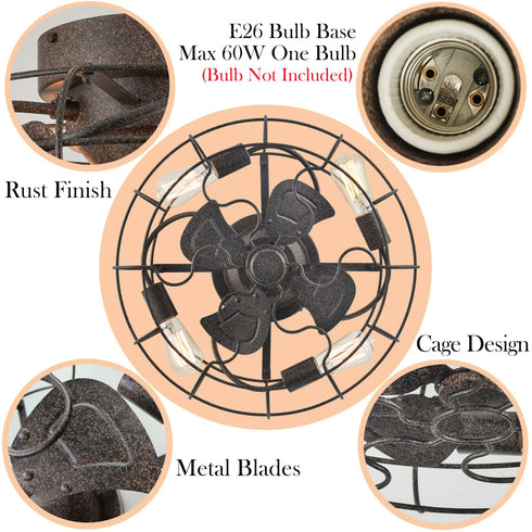 20 Inches Rust Caged Ceiling Fans with Lights Flush Mount Remote Control