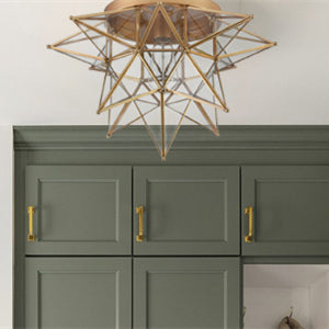 Brass Moravian Star Ceiling Light, 18-in, Transparent Glass