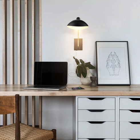 Swing Arm Wall Sconces Modern Black Plug-in Wall Lamp with USB Charge Port