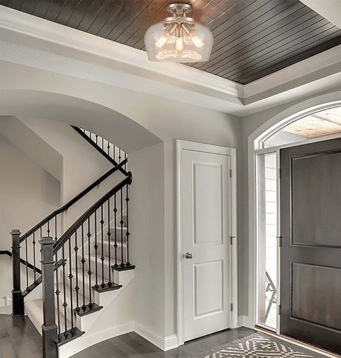 3-Light Glass Ceiling Lights Semi Flush Mount Brushed Nickel Finish