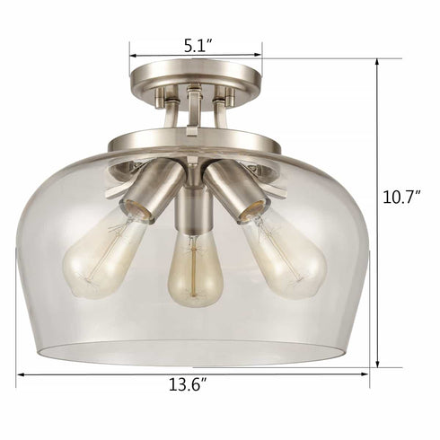 3-Light Glass Ceiling Lights Semi Flush Mount Brushed Nickel Finish