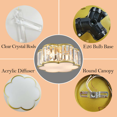 3-Light Gold Flush Mount Ceiling Light Crystal Ceiling Light Fixture