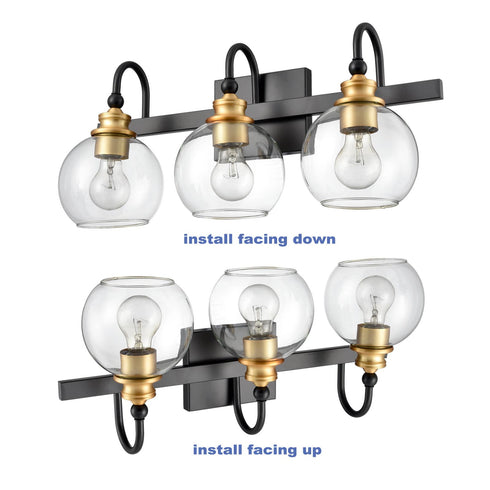 3-light Modern Black Metal with Globe Clear Glass Shade Wall Sconces