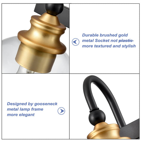 3-light Modern Black Metal with Globe Clear Glass Shade Wall Sconces