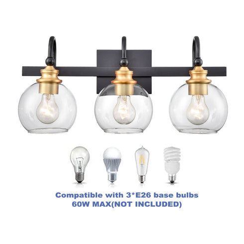 3-light Modern Black Metal with Globe Clear Glass Shade Wall Sconces