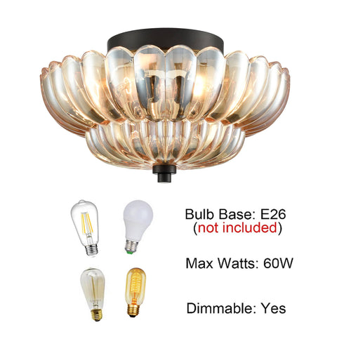 3-light Modern Black Metal with Scalloped Amber Glass Shade Semi Flush Mount Ceiling Light for Hallway