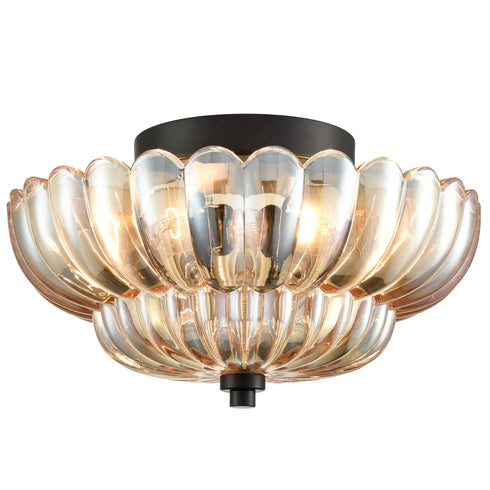 3-light Modern Black Metal with Scalloped Amber Glass Shade Semi Flush Mount Ceiling Light for Hallway