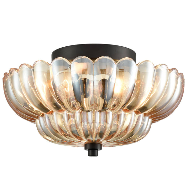 3-light Modern Black Metal with Scalloped Amber Glass Shade Semi Flush Mount Ceiling Light for Hallway