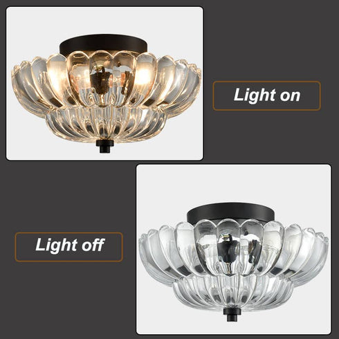 3-light Modern Black Metal with Scalloped Clear Glass Semi Flush Mount Ceiling Light for Living Room