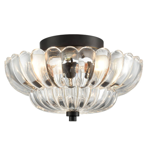 3-light Modern Black Metal with Scalloped Clear Glass Semi Flush Mount Ceiling Light for Living Room