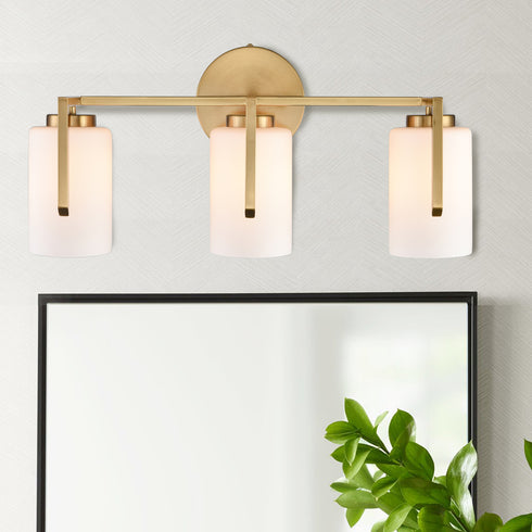 Modern 3-Light Gold Bathroom Vanity Lights with Opal Cylinders