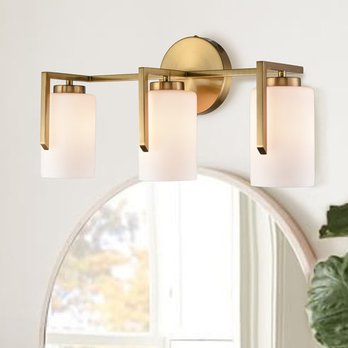 Modern 3-Light Gold Bathroom Vanity Lights with Opal Cylinders