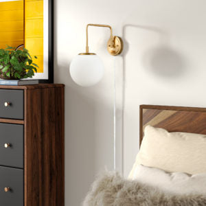 Plug-in Brass Wall Sconce Opal Globe Glass Modern Wall Sconce