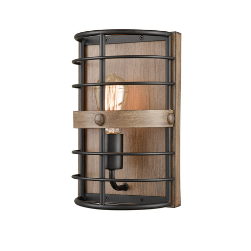 Farmhouse Metal Wall Sconce 1-Light Cage Wood Grain Wall Light