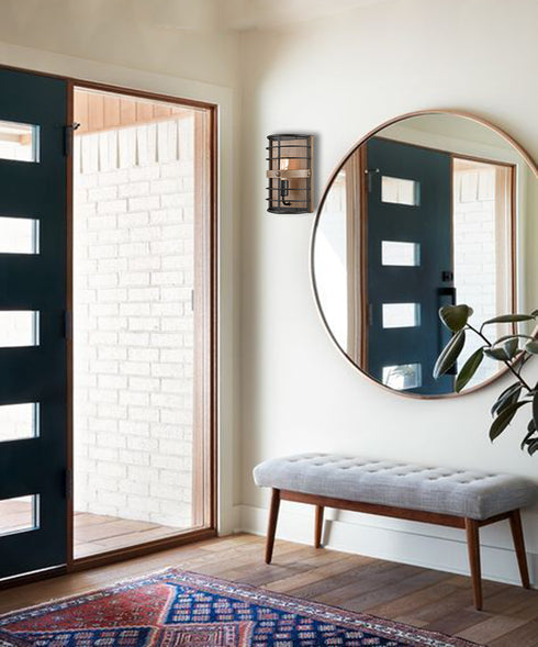 Farmhouse Metal Wall Sconce 1-Light Cage Wood Grain Wall Light