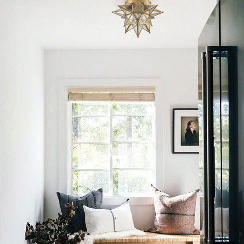 Seeded Glass Brass Moravian Star Ceiling Light Flush Mount