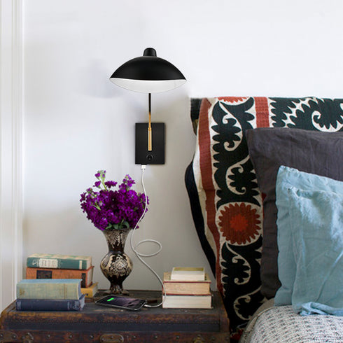 Swing Arm Wall Sconces Modern Black Plug-in Wall Lamp with USB Charge Port