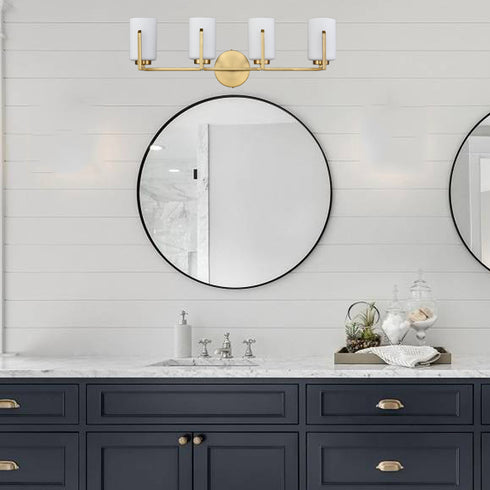 Modern 4-Light Gold Vanity Light Bathroom with Opal Cylinders