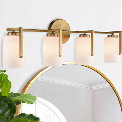 Modern 4-Light Gold Vanity Light Bathroom with Opal Cylinders