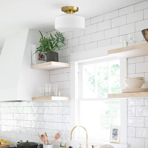 Modern Semi Flush Ceiling Lights Opal Glass Drum Shade