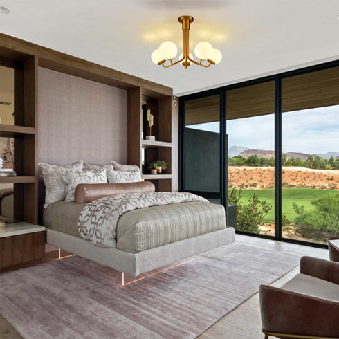 5-Light Mid-Century Modern Gold Semi Flush Mount Globe Ceiling Chandelier Light