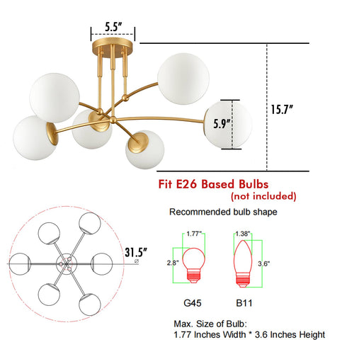 Modern Gold Ceiling Light 6-Light Globe Chandelier