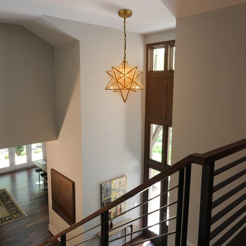 Brass Moravian Star Pendant Lights Seeded Glass Shade, 15-Inch