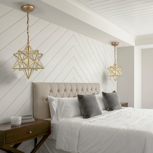 Brass Moravian Star Pendant Lights Seeded Glass Shade, 15-Inch