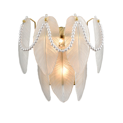 Vintage Wall Light Retro Wall Sconce 2-Light with Leaf Shape Frosted Glass and White Beads